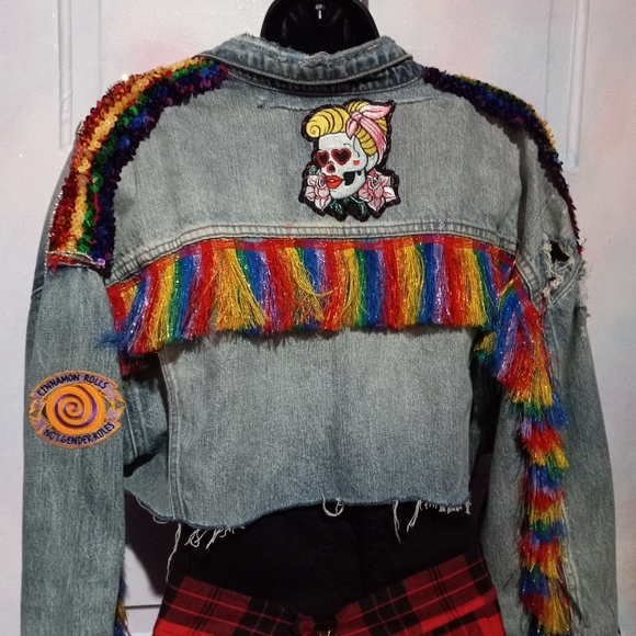 Pretty in Pride- Custom RAGE rainbow cropped denim jacket! PRICE FIRM! - Picture 3 of 15